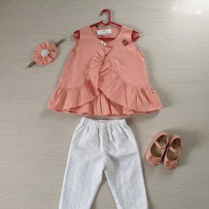 The Peach Ruffle Top and White Pants Set