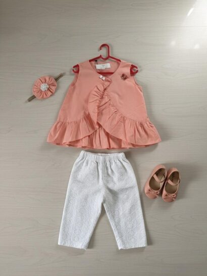The Peach Ruffle Top and White Pants Set